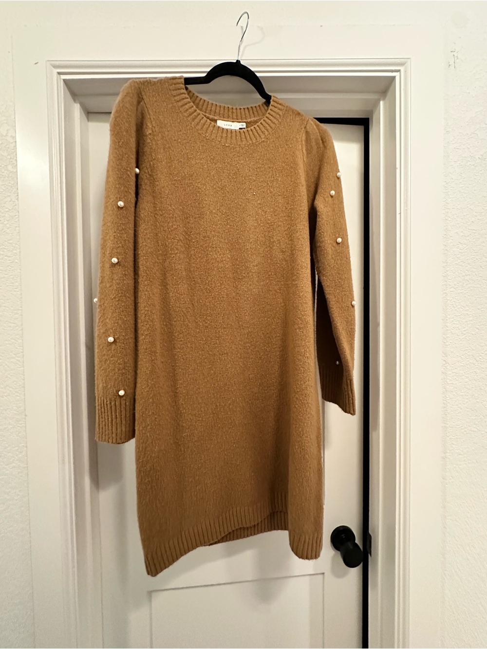 Lush Camel Pearl-Accent Long Sleeve Sweater Dress